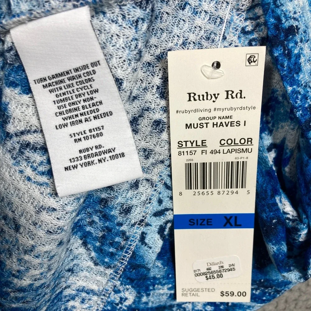 Ruby‎ Rd Tunic Top Womens XL Blue Animal Paisley Cowl Neck 3/4 Sleeve Sharkbite